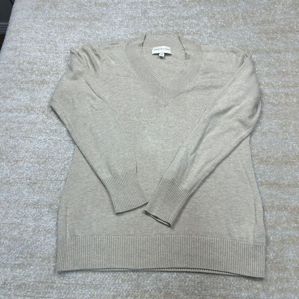 Adrienne Vittadini Sweater Womens M V Neck Long Sleeve‎ Beige Cotton Rayon